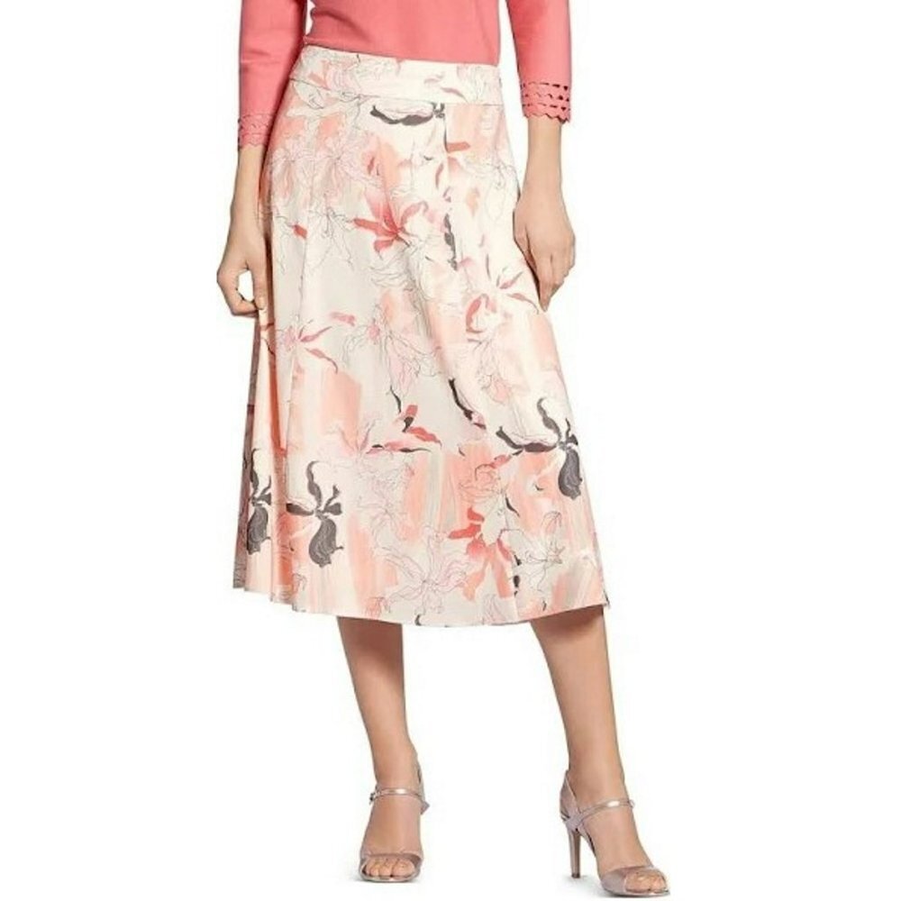 NWT New $335 Basler Floral Print Pink Grey A-Line Skirt Size 16